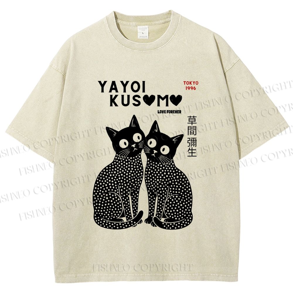 Unisex Yayoi Kusama Black Cats Printed Washed Tee