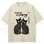 Unisex Yayoi Kusama Black Cats Printed Washed Tee