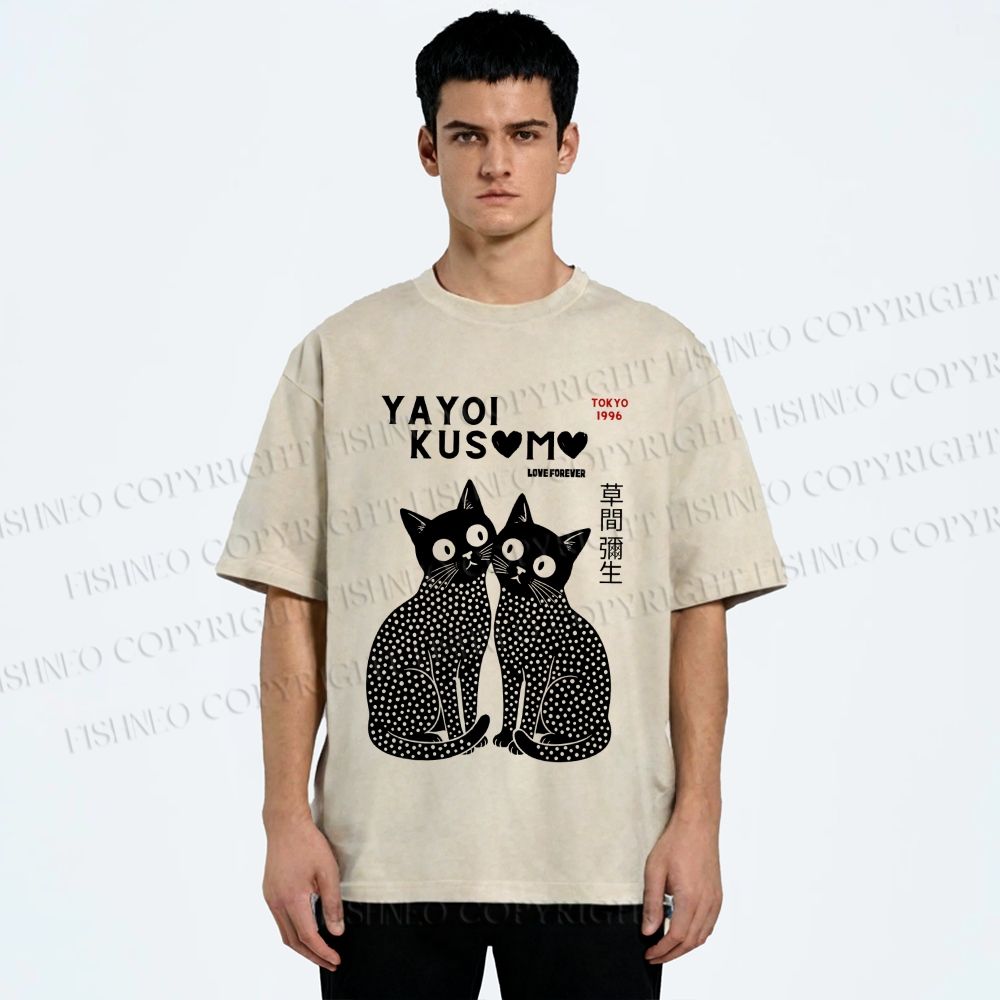 Unisex Yayoi Kusama Black Cats Printed Washed Tee