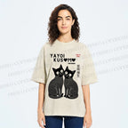 Unisex Yayoi Kusama Black Cats Printed Washed Tee