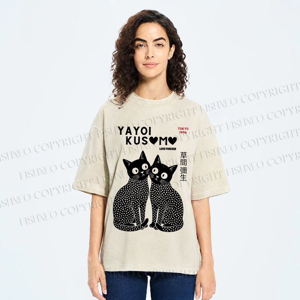 Unisex Yayoi Kusama Black Cats Printed Washed Tee