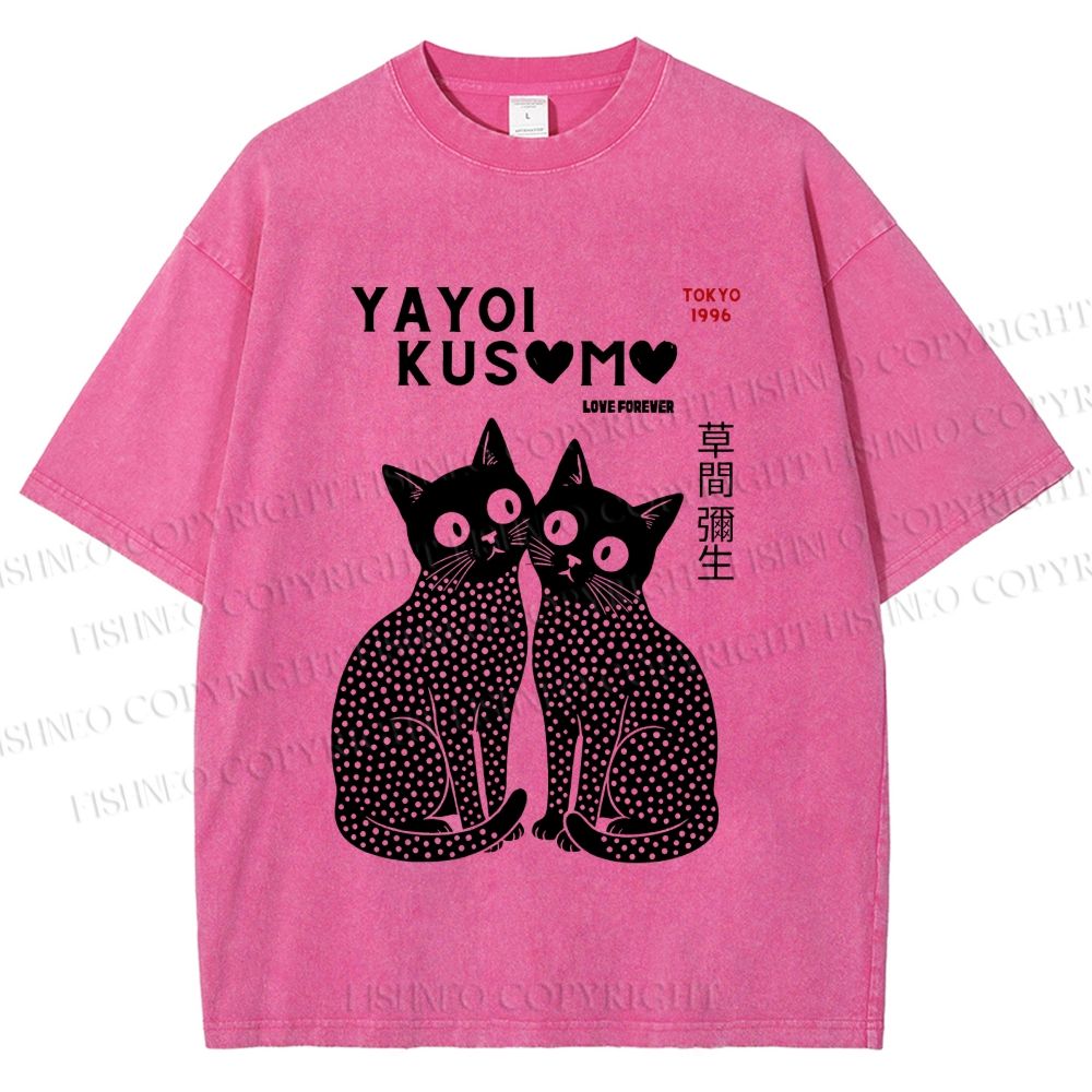 Unisex Yayoi Kusama Black Cats Printed Washed Tee
