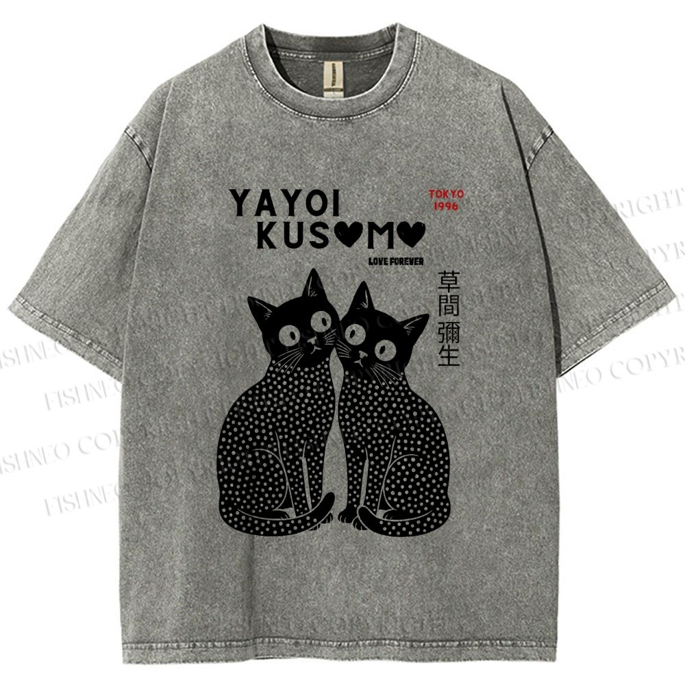 Unisex Yayoi Kusama Black Cats Printed Washed Tee