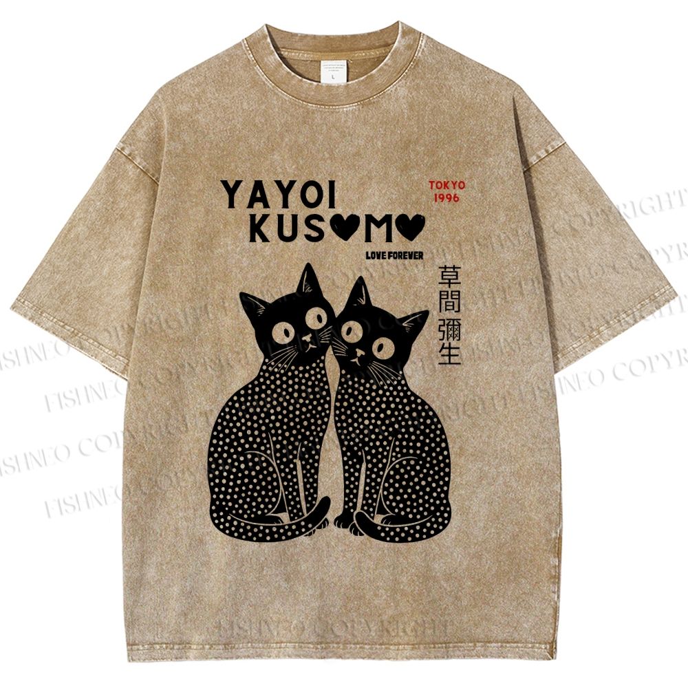 Unisex Yayoi Kusama Black Cats Printed Washed Tee