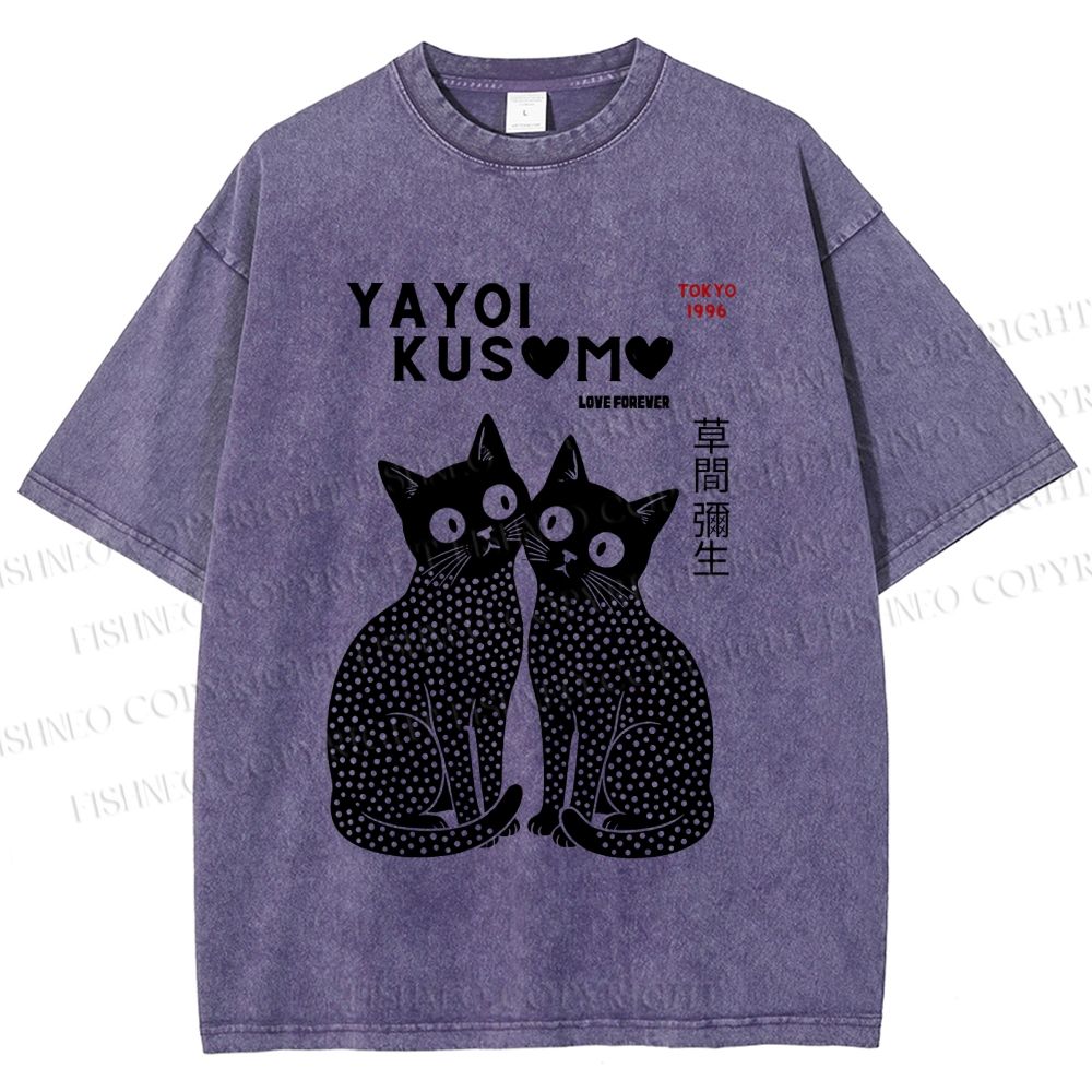 Unisex Yayoi Kusama Black Cats Printed Washed Tee