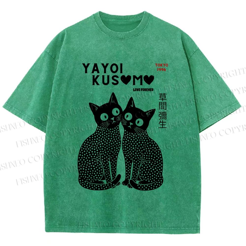 Unisex Yayoi Kusama Black Cats Printed Washed Tee