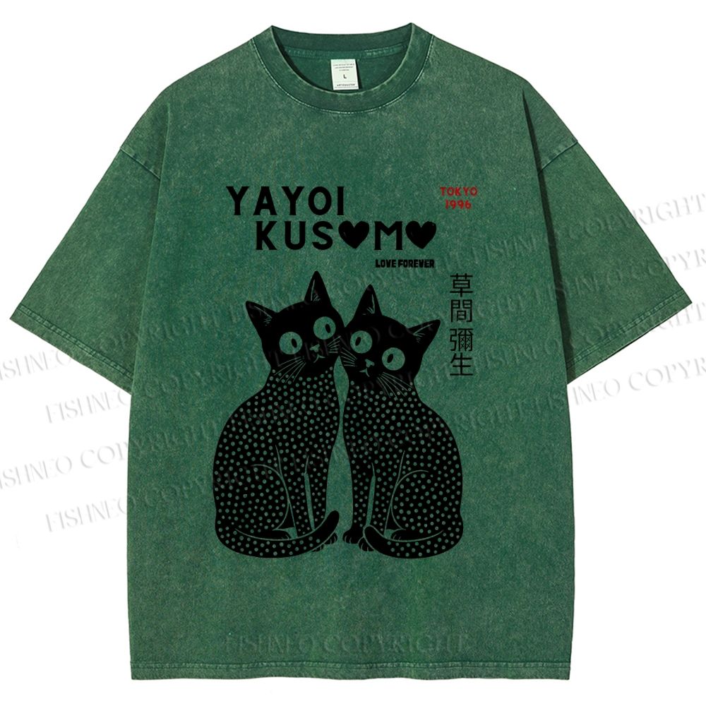 Unisex Yayoi Kusama Black Cats Printed Washed Tee