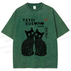 Unisex Yayoi Kusama Black Cats Printed Washed Tee