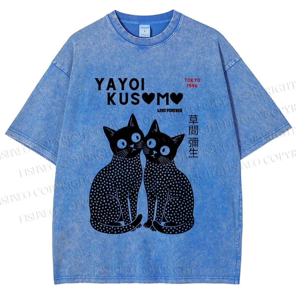 Unisex Yayoi Kusama Black Cats Printed Washed Tee