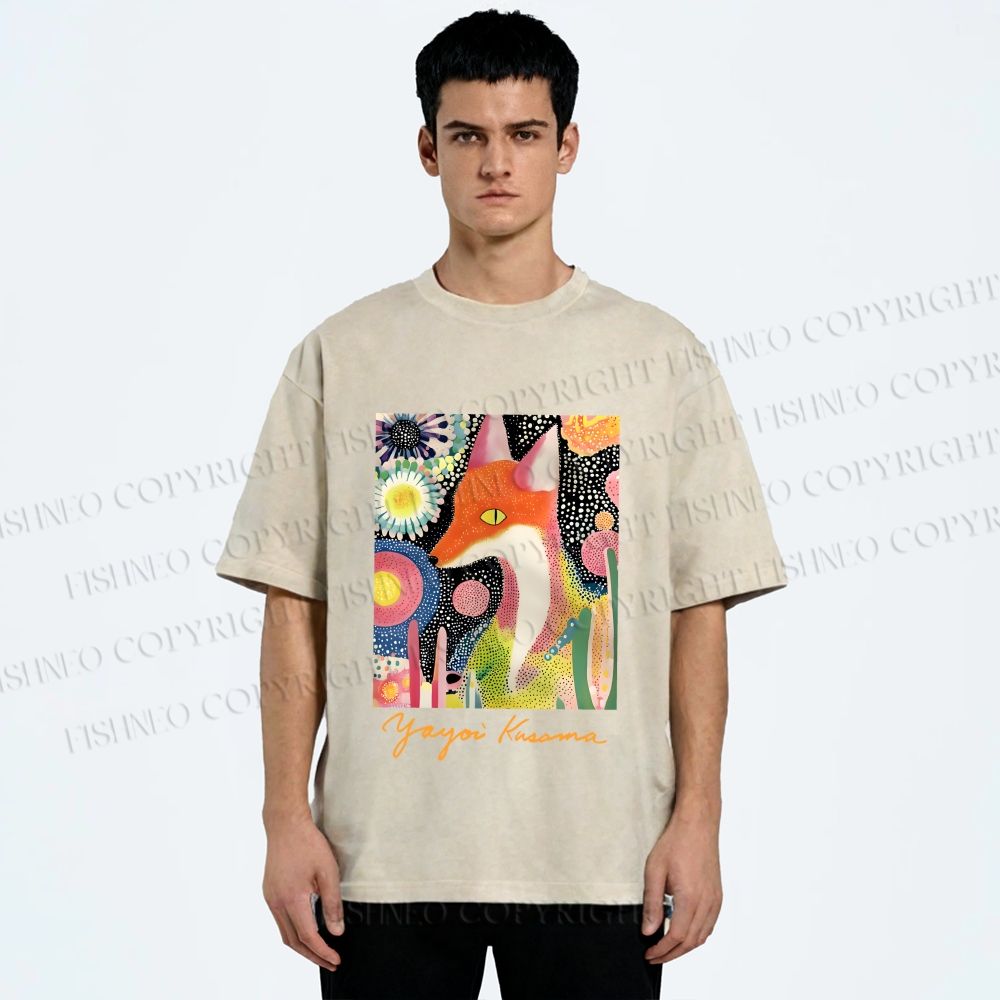 Unisex Yayoi Kusama Fox Printed Washed Tee