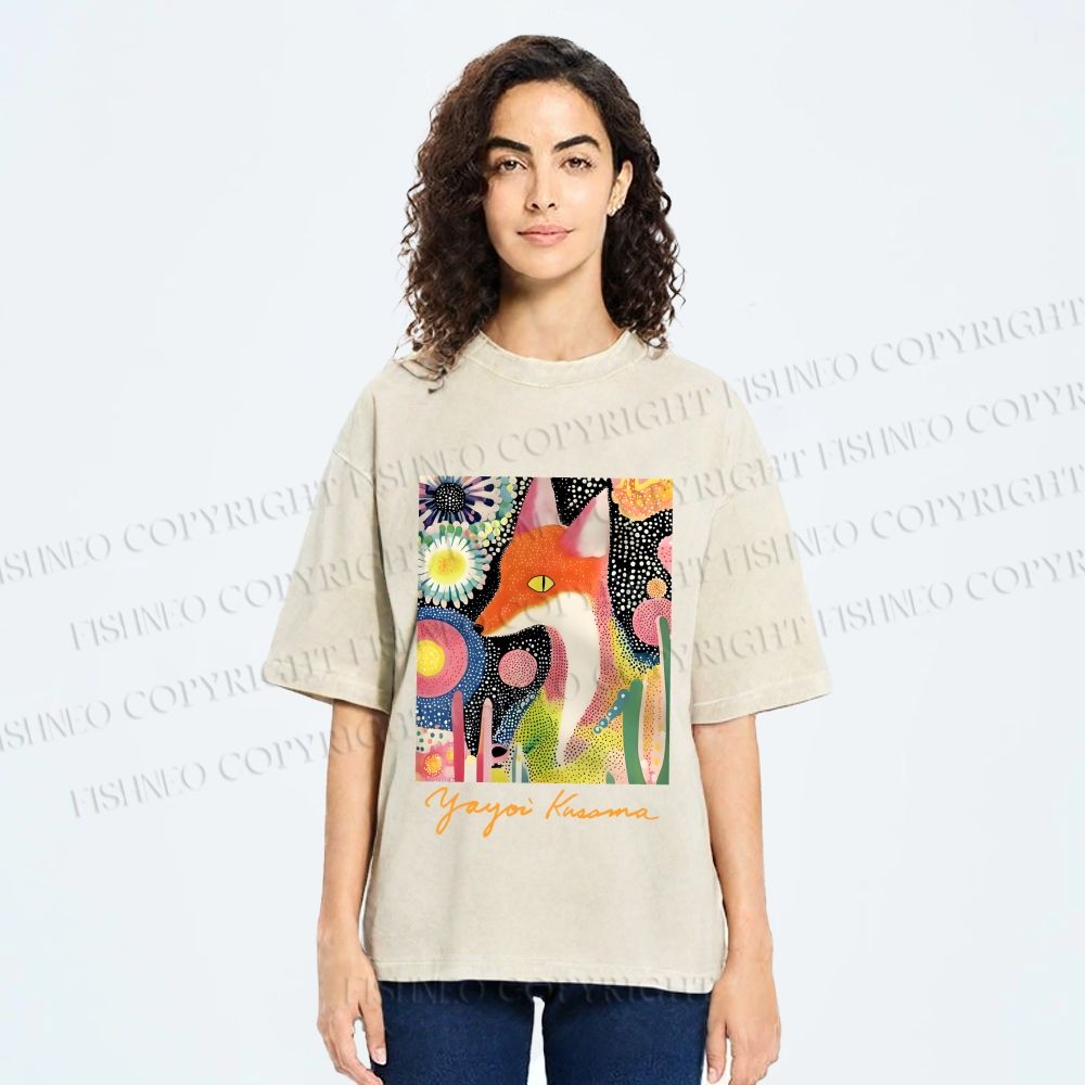 Unisex Yayoi Kusama Fox Printed Washed Tee