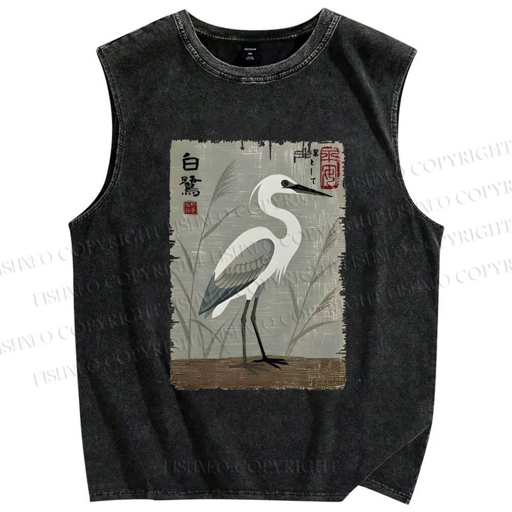 Unisex Graceful Egret Printed Washed Tank Top