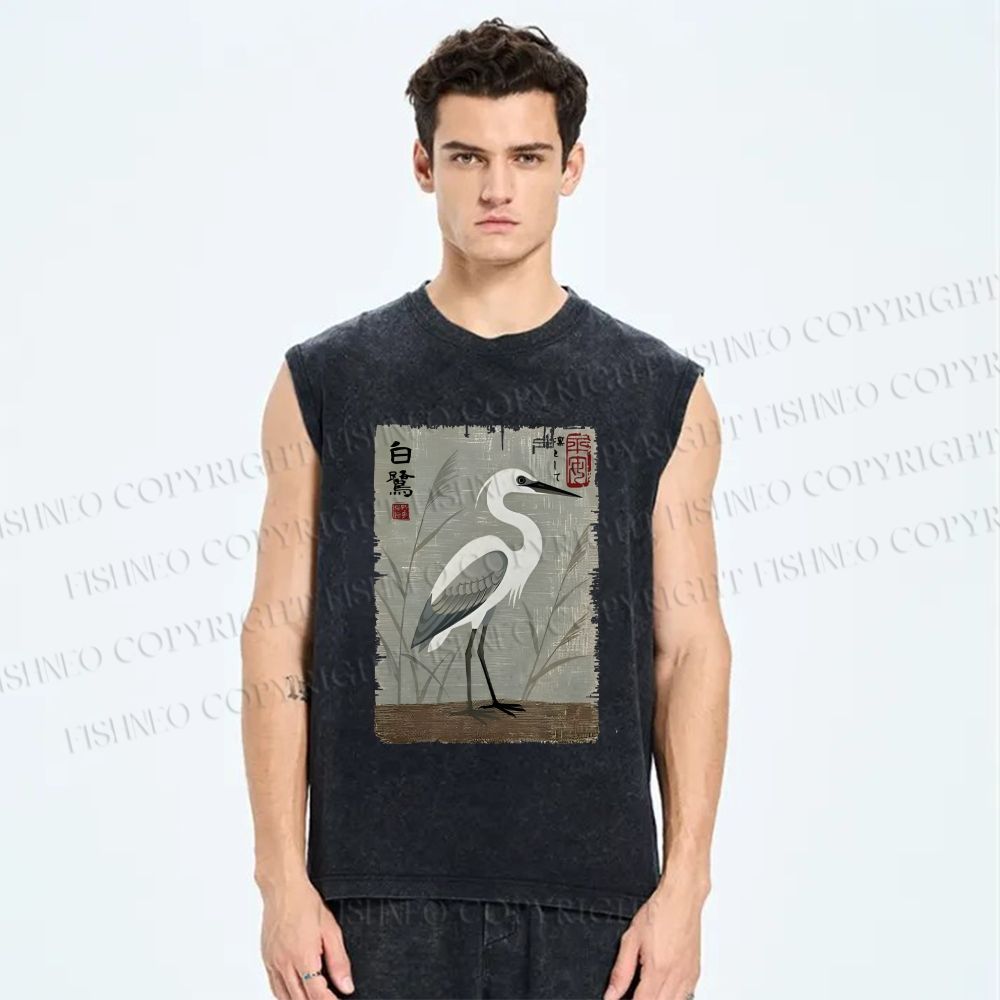 Unisex Graceful Egret Printed Washed Tank Top