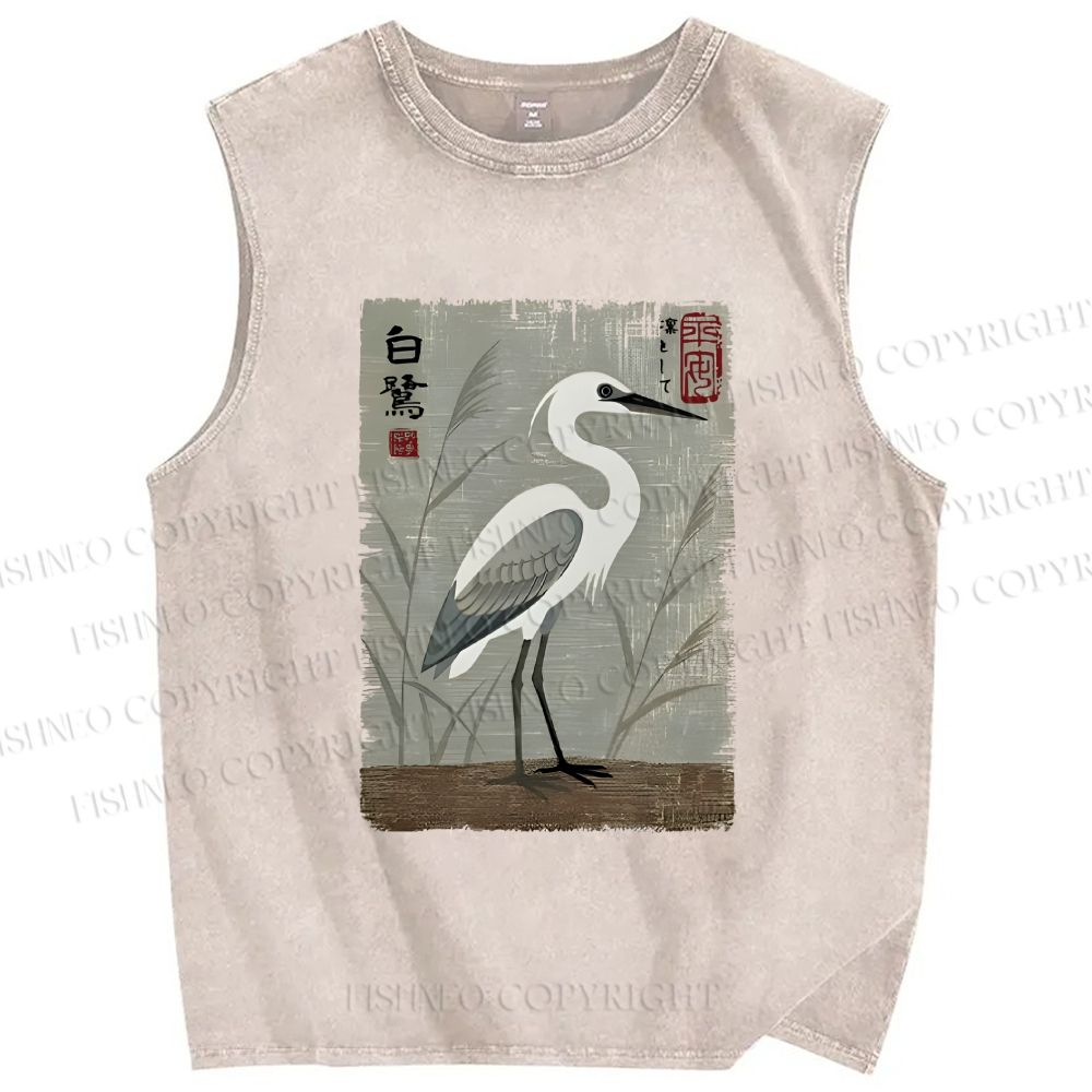 Unisex Graceful Egret Printed Washed Tank Top