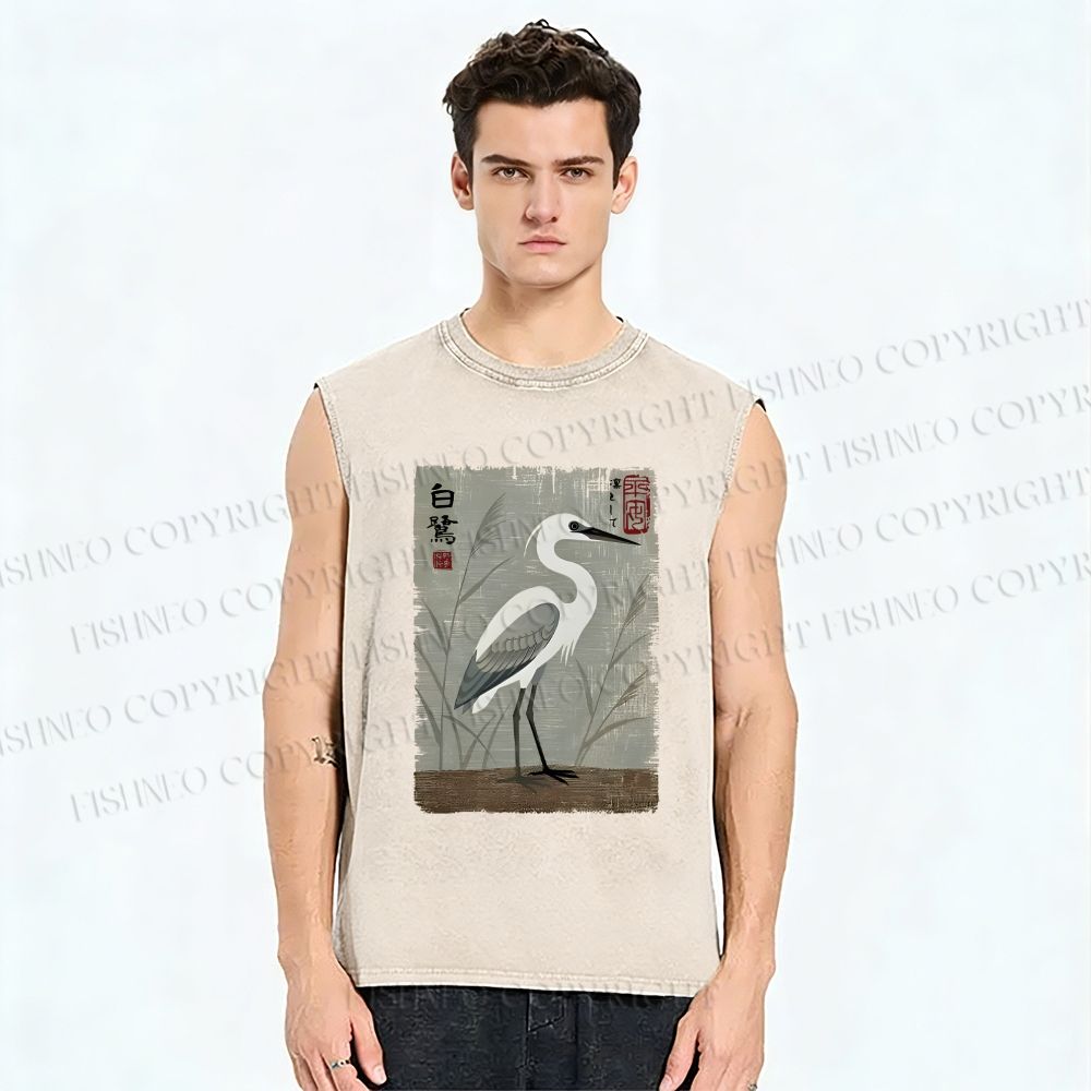 Unisex Graceful Egret Printed Washed Tank Top