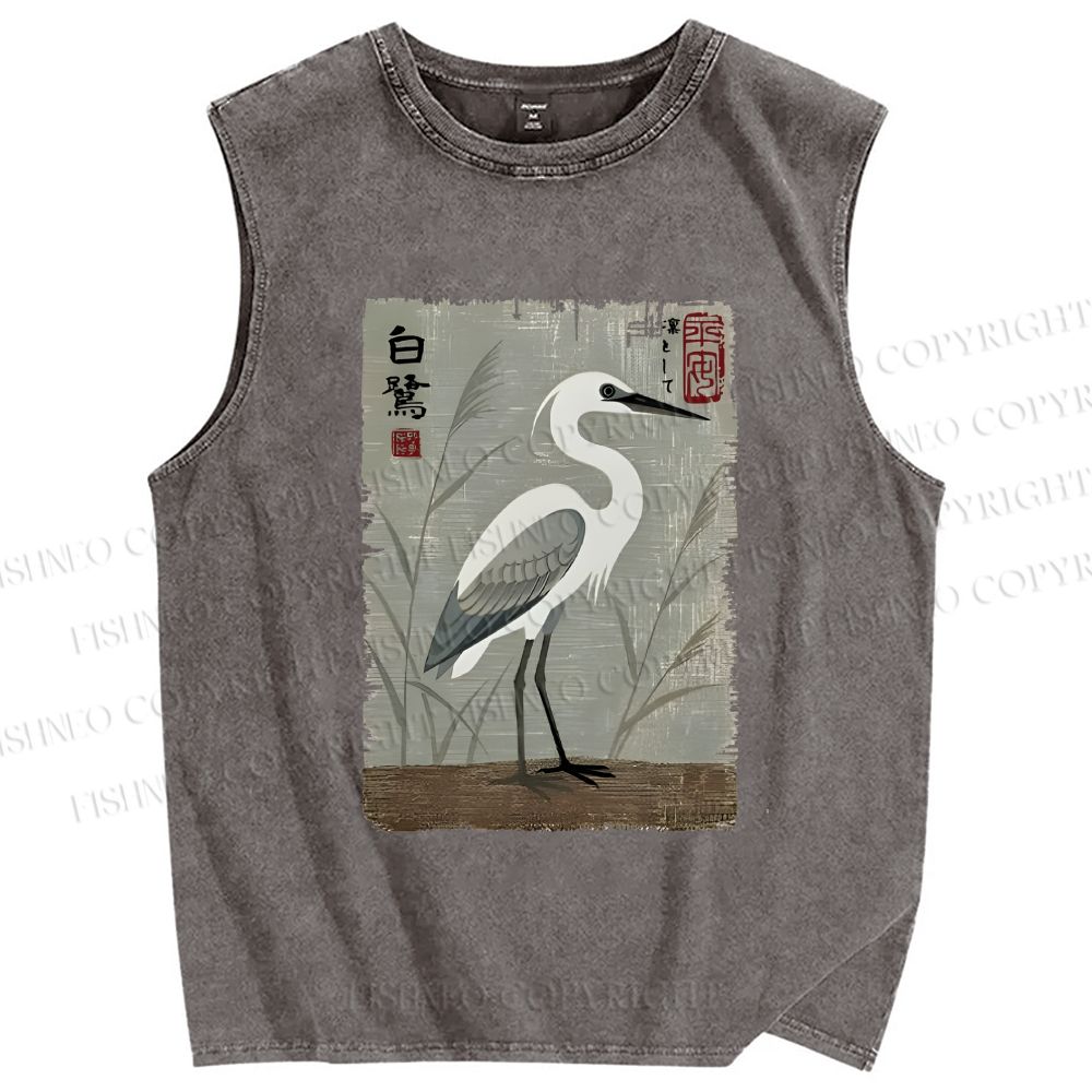 Unisex Graceful Egret Printed Washed Tank Top