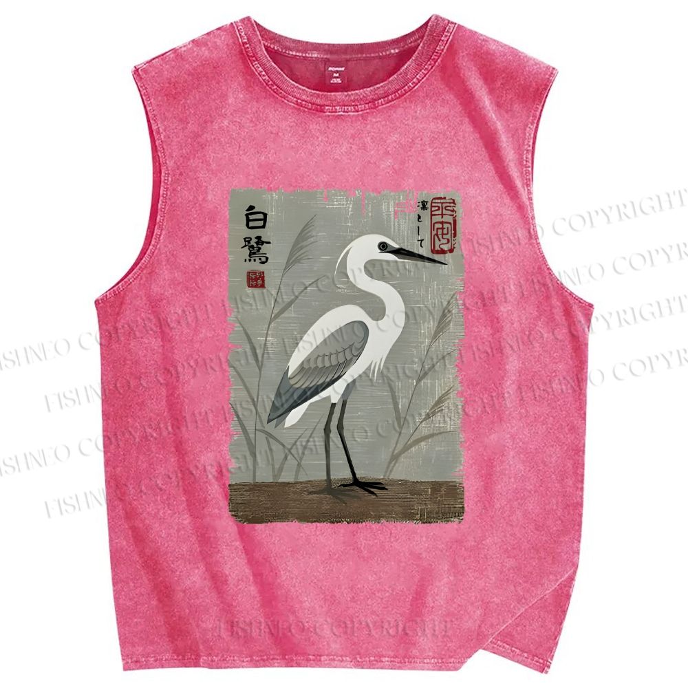 Unisex Graceful Egret Printed Washed Tank Top