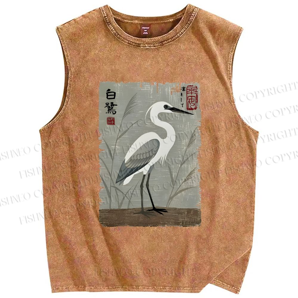 Unisex Graceful Egret Printed Washed Tank Top