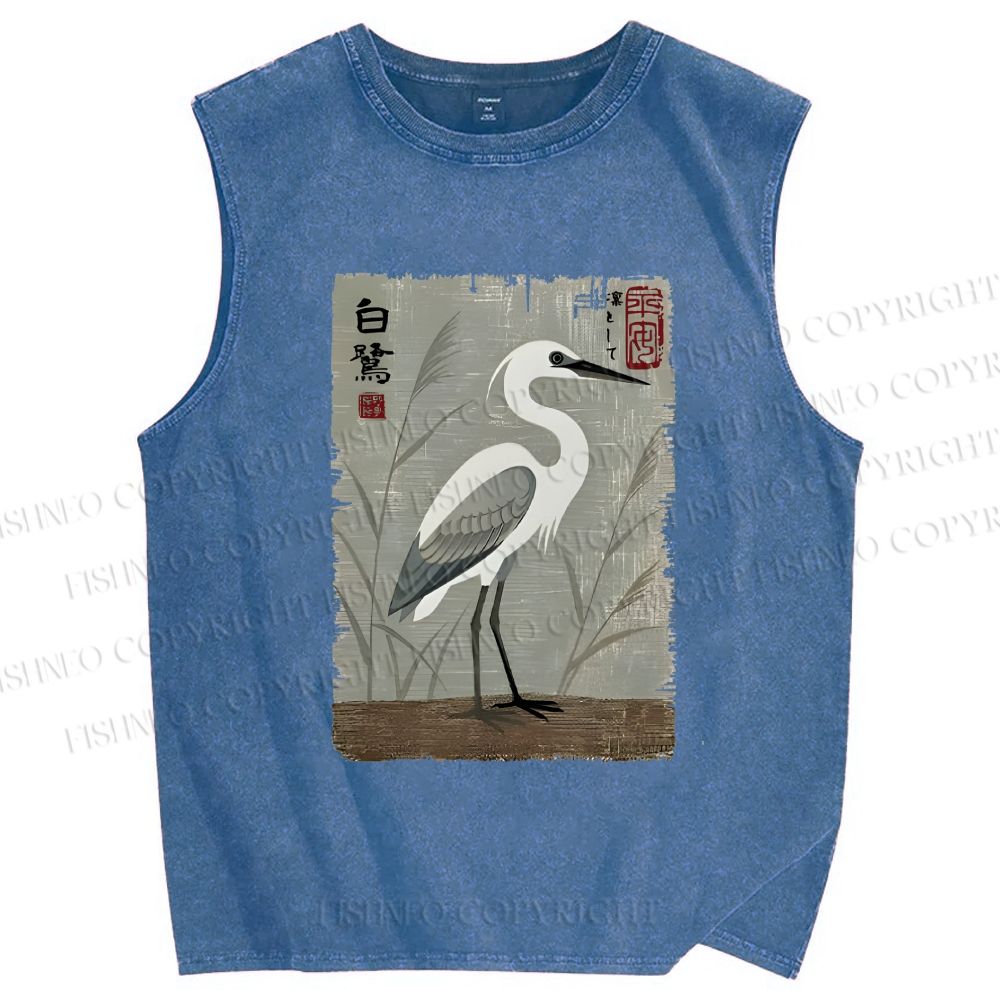 Unisex Graceful Egret Printed Washed Tank Top