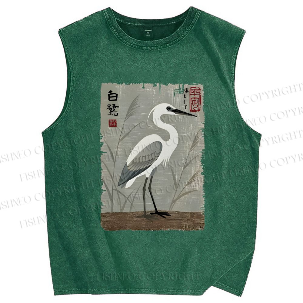 Unisex Graceful Egret Printed Washed Tank Top
