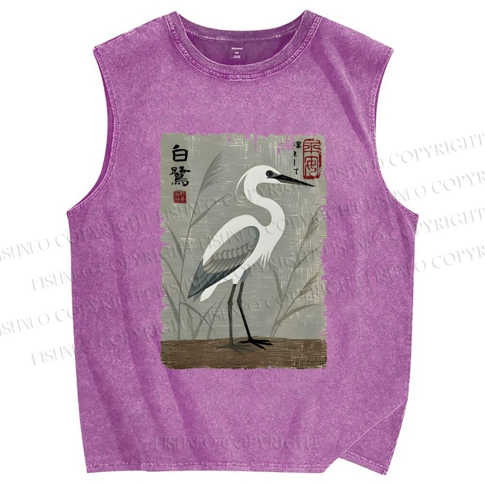 Unisex Graceful Egret Printed Washed Tank Top