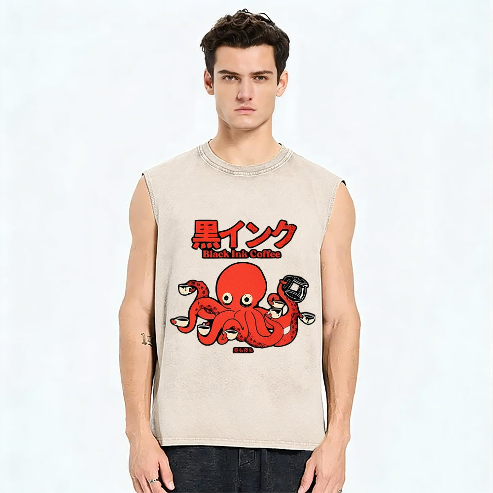 Octopus Coffee Pure Cotton Wash-Dyed Sleeveless Tank Top