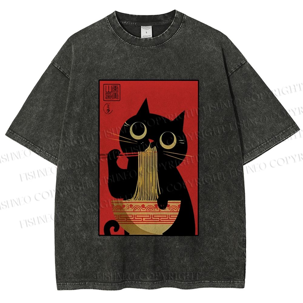 Unisex Cat Eats Ramen Like A Pro Printed Washed Tee