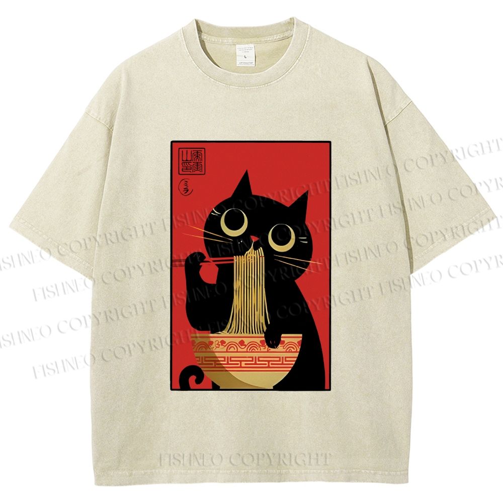 Unisex Cat Eats Ramen Like A Pro Printed Washed Tee