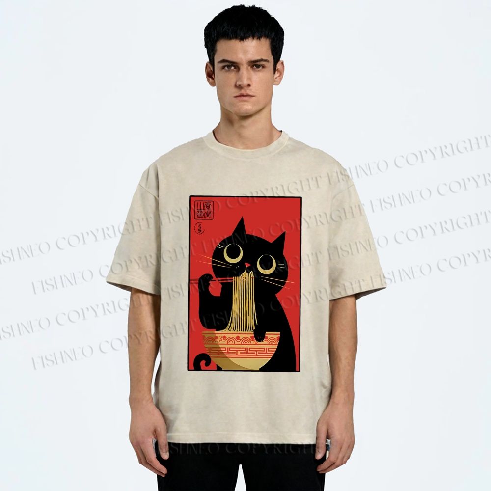 Unisex Cat Eats Ramen Like A Pro Printed Washed Tee