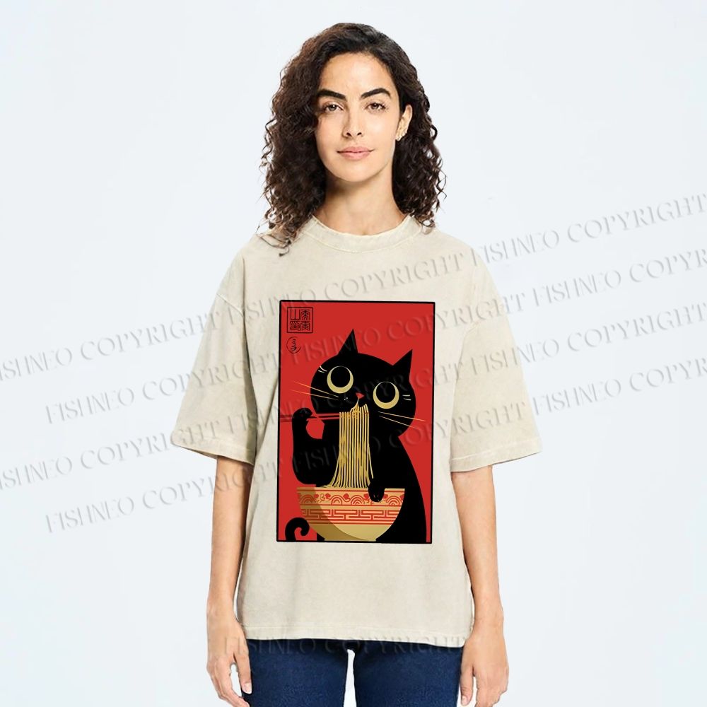 Unisex Cat Eats Ramen Like A Pro Printed Washed Tee