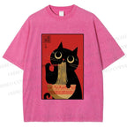 Unisex Cat Eats Ramen Like A Pro Printed Washed Tee