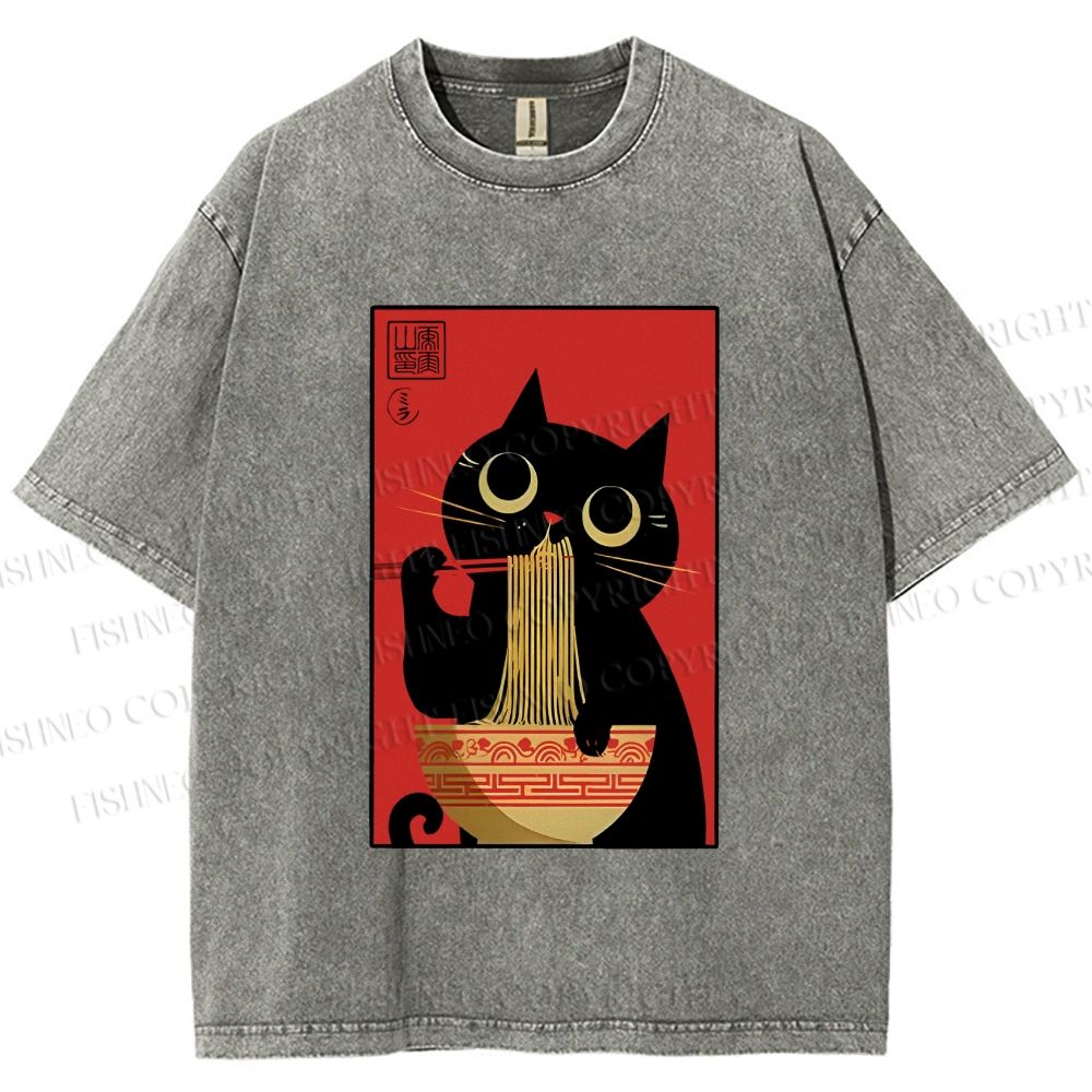 Unisex Cat Eats Ramen Like A Pro Printed Washed Tee