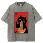 Unisex Cat Eats Ramen Like A Pro Printed Washed Tee