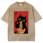 Unisex Cat Eats Ramen Like A Pro Printed Washed Tee