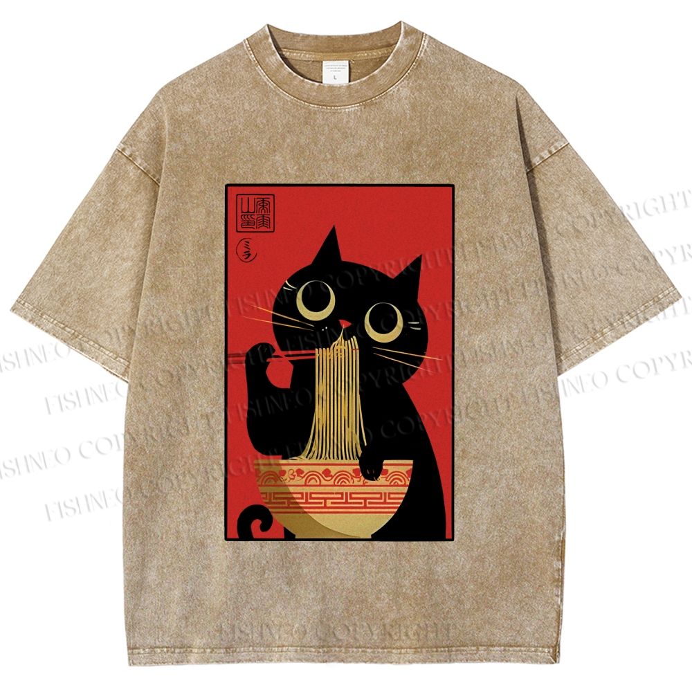 Unisex Cat Eats Ramen Like A Pro Printed Washed Tee