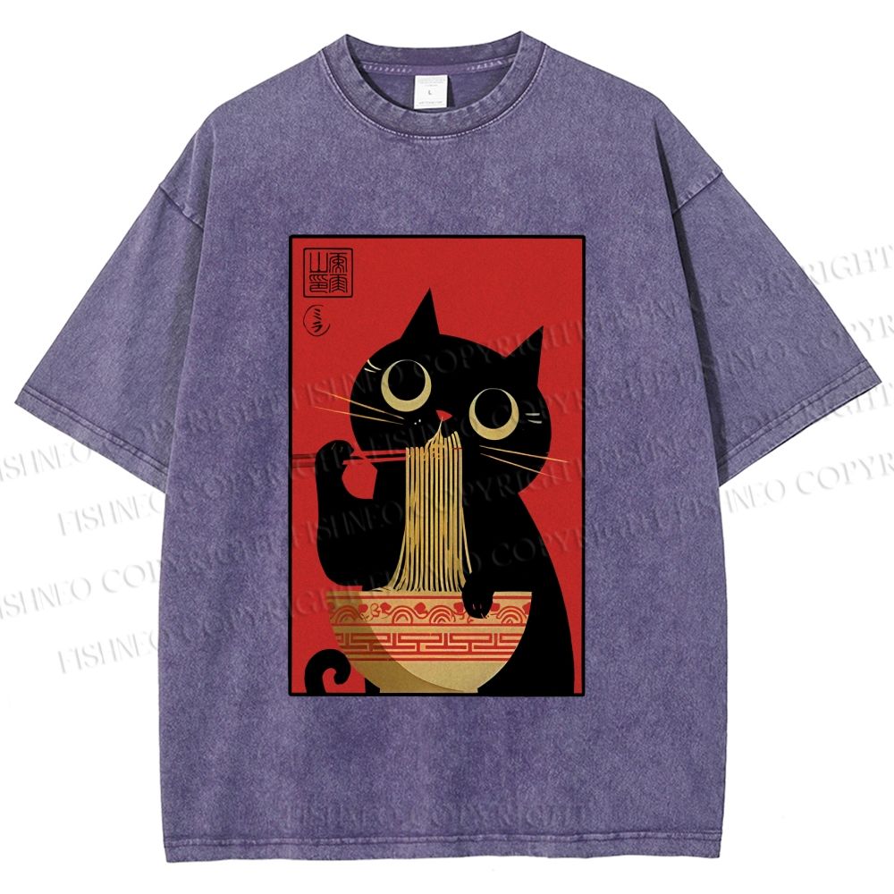 Unisex Cat Eats Ramen Like A Pro Printed Washed Tee