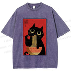 Unisex Cat Eats Ramen Like A Pro Printed Washed Tee