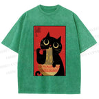 Unisex Cat Eats Ramen Like A Pro Printed Washed Tee