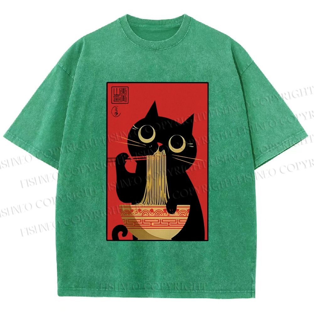 Unisex Cat Eats Ramen Like A Pro Printed Washed Tee