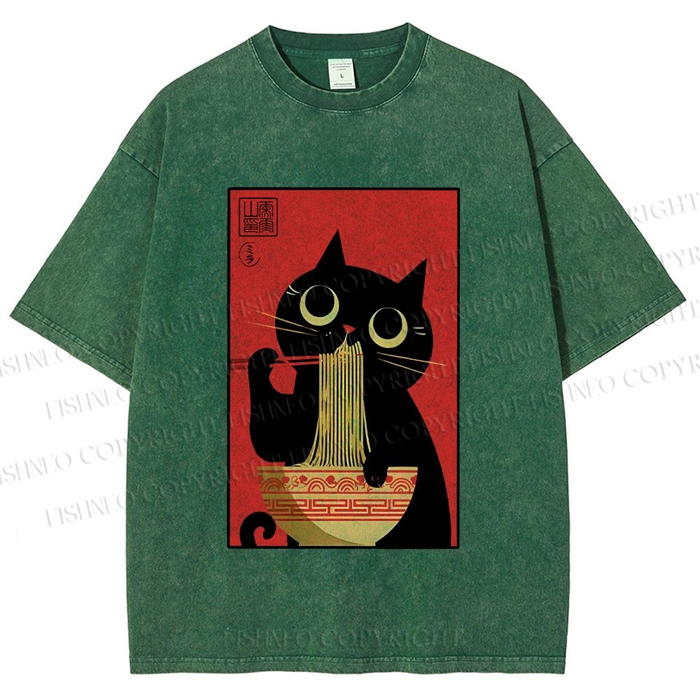 Unisex Cat Eats Ramen Like A Pro Printed Washed Tee