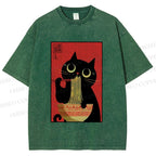 Unisex Cat Eats Ramen Like A Pro Printed Washed Tee