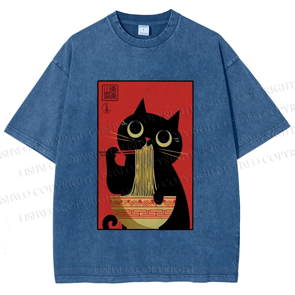 Unisex Cat Eats Ramen Like A Pro Printed Washed Tee