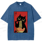 Unisex Cat Eats Ramen Like A Pro Printed Washed Tee