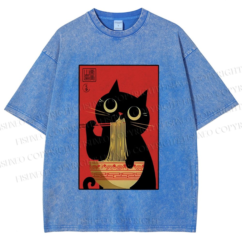 Unisex Cat Eats Ramen Like A Pro Printed Washed Tee