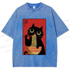 Unisex Cat Eats Ramen Like A Pro Printed Washed Tee