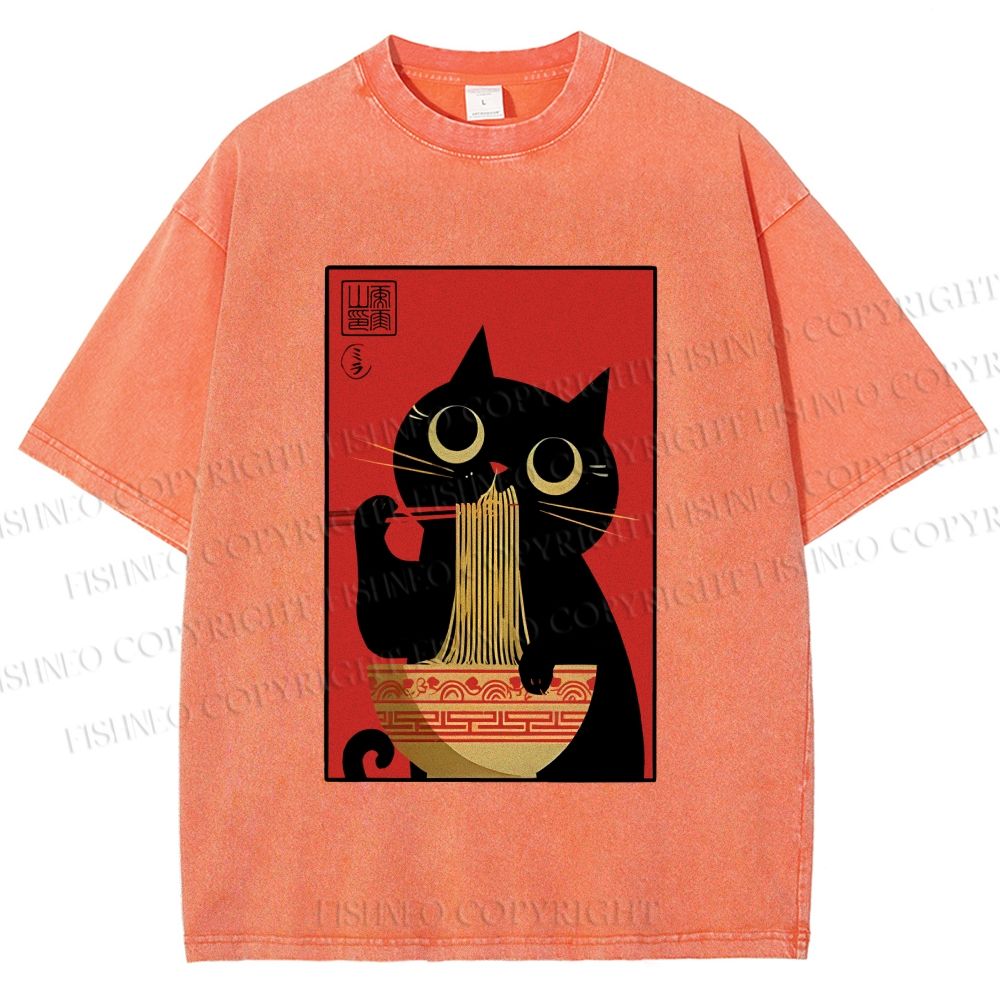 Unisex Cat Eats Ramen Like A Pro Printed Washed Tee