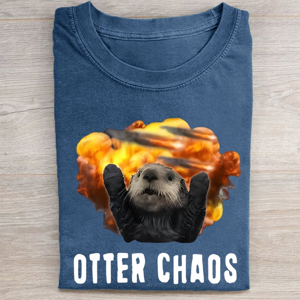 Unisex Otter Chaos Printed Washed Folded T-shirt