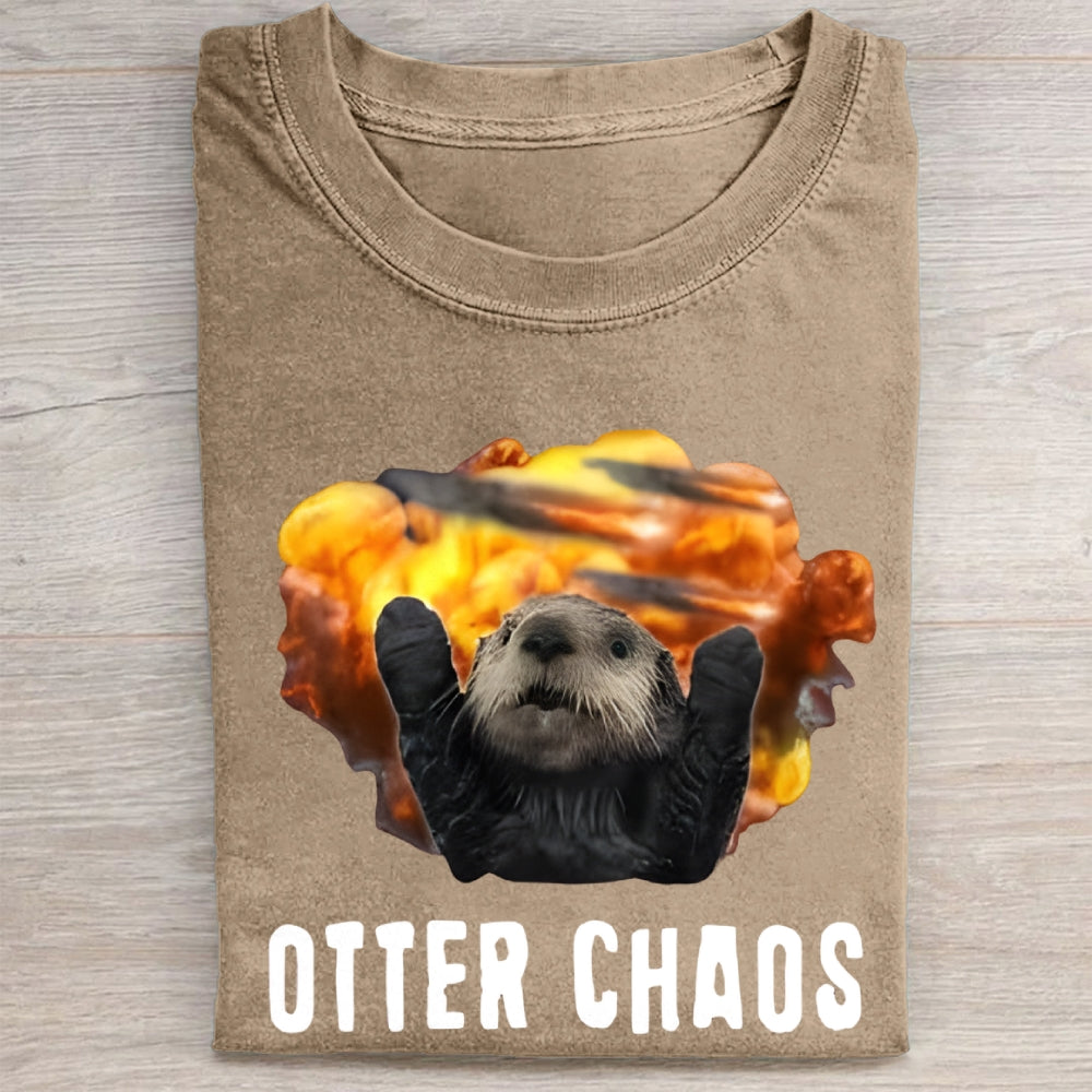 Unisex Otter Chaos Printed Washed Folded T-shirt