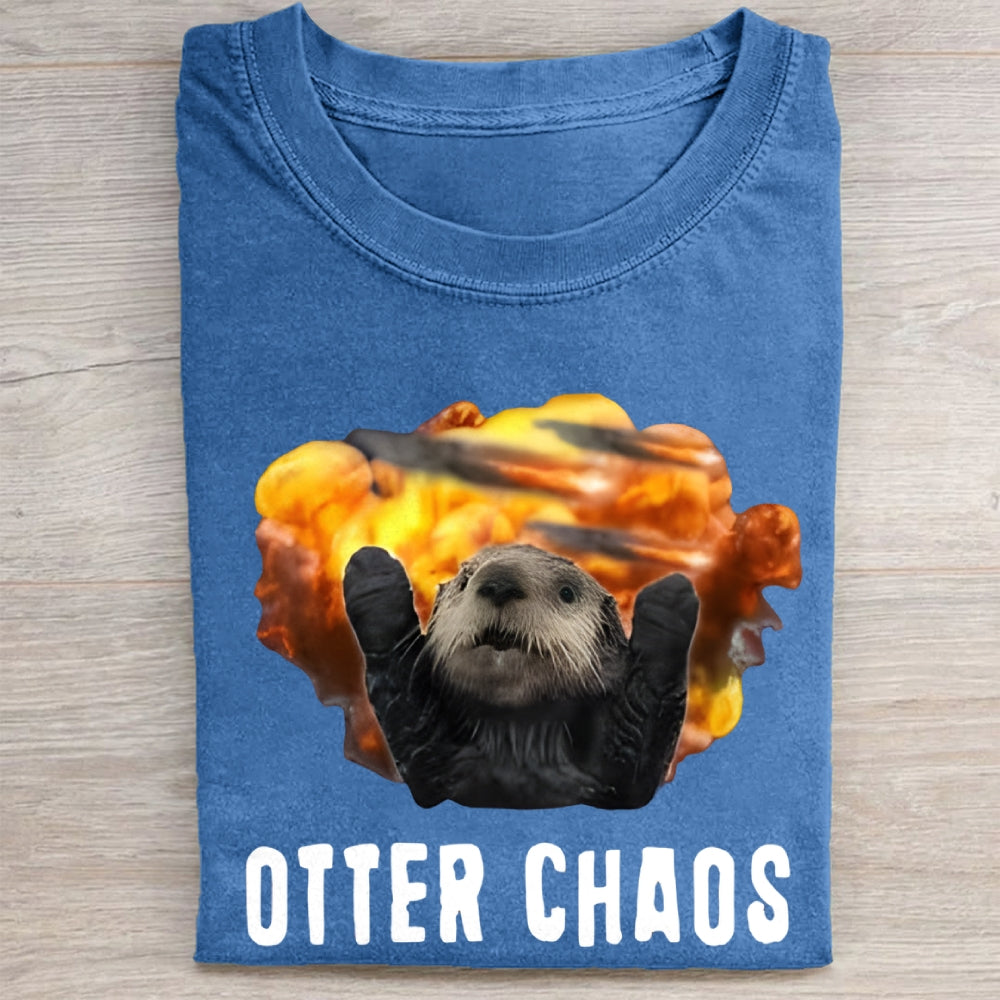 Unisex Otter Chaos Printed Washed Folded T-shirt