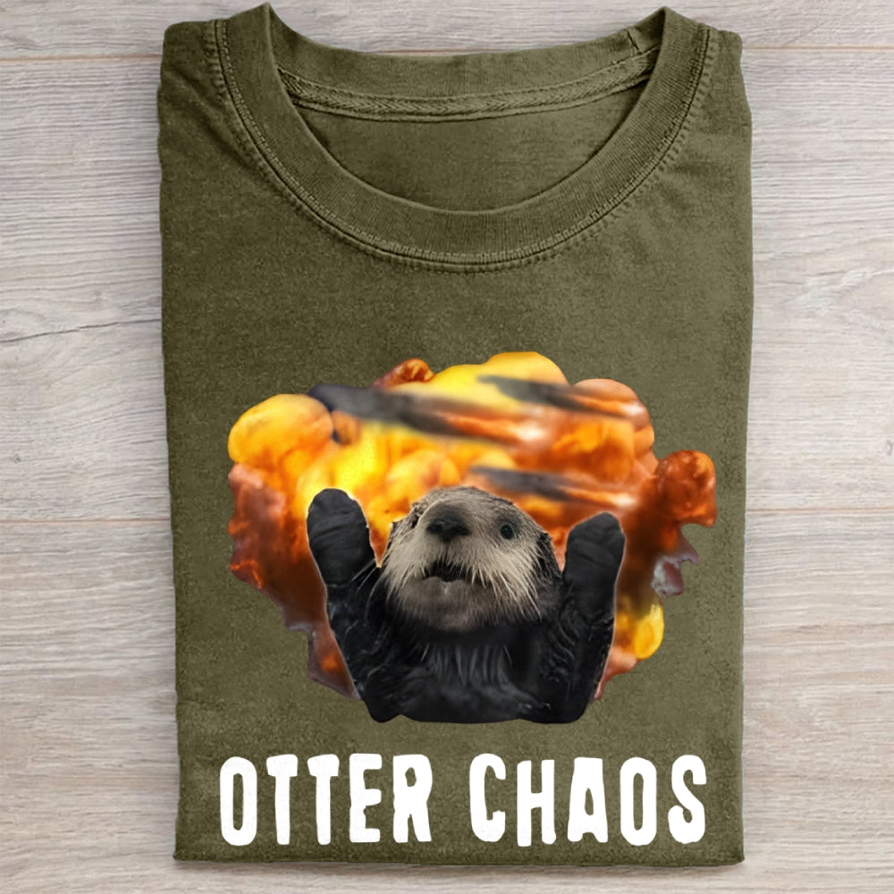 Unisex Otter Chaos Printed Washed Folded T-shirt